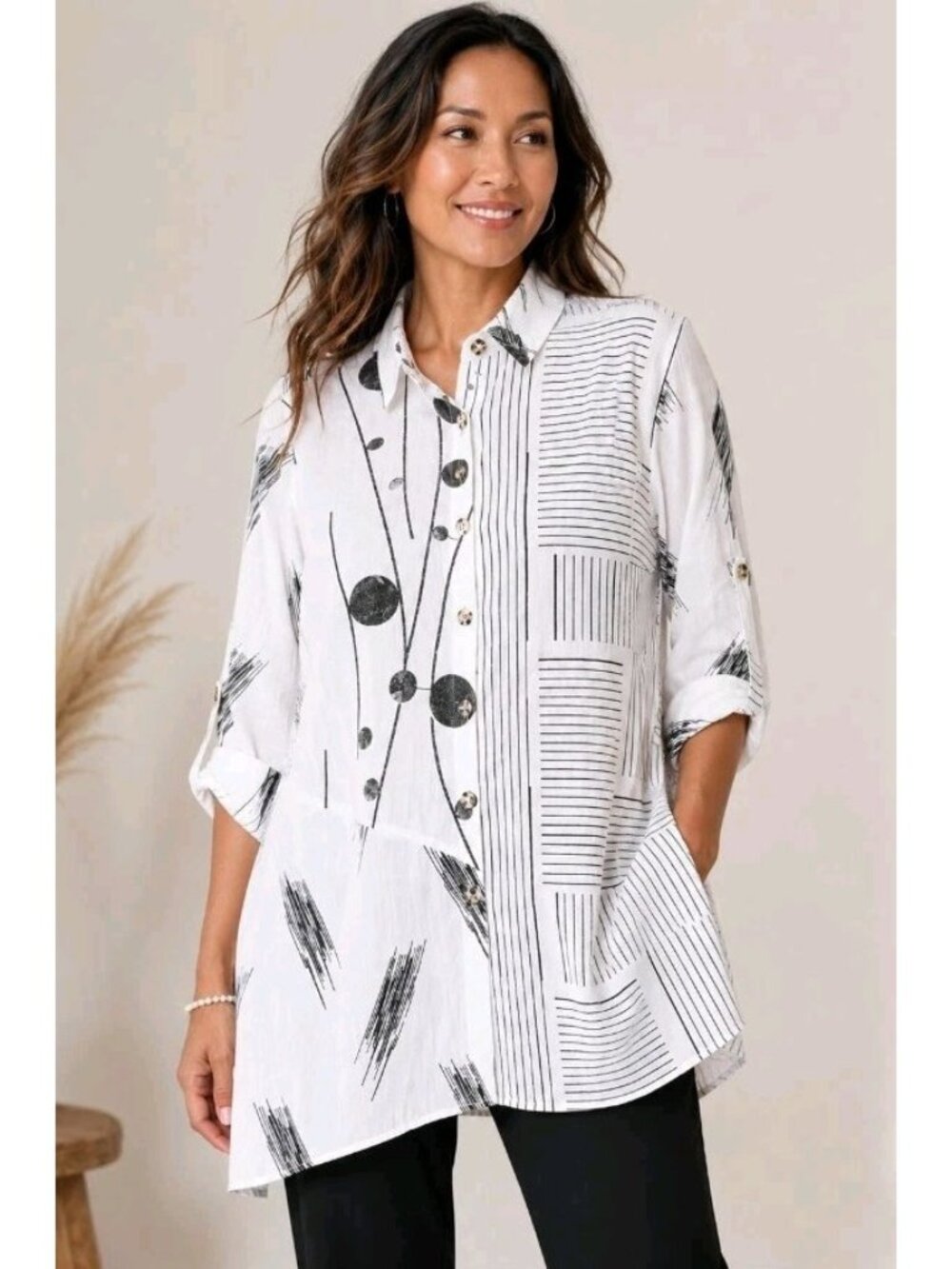 North Style Asymmetric Tunic Blouse Roll Tab Geometric Art To Wear XL White